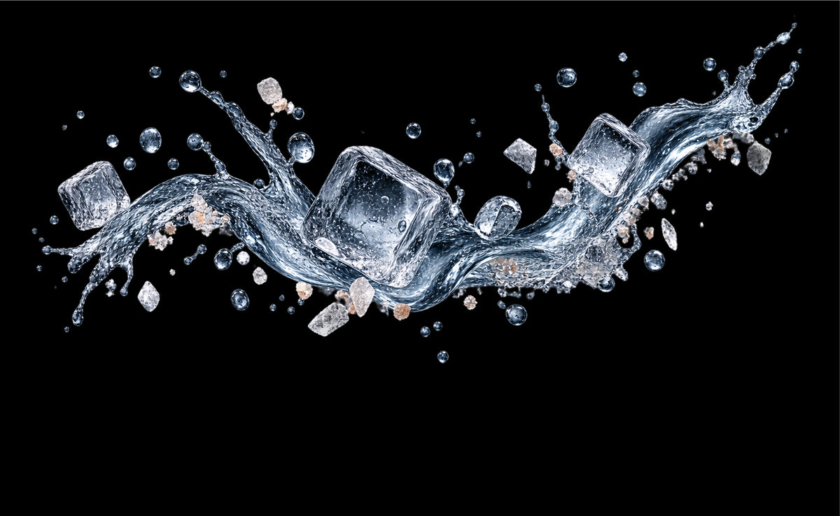 A dynamic splash of clear water with multiple ice cubes suspended in mid-air against a solid black background.