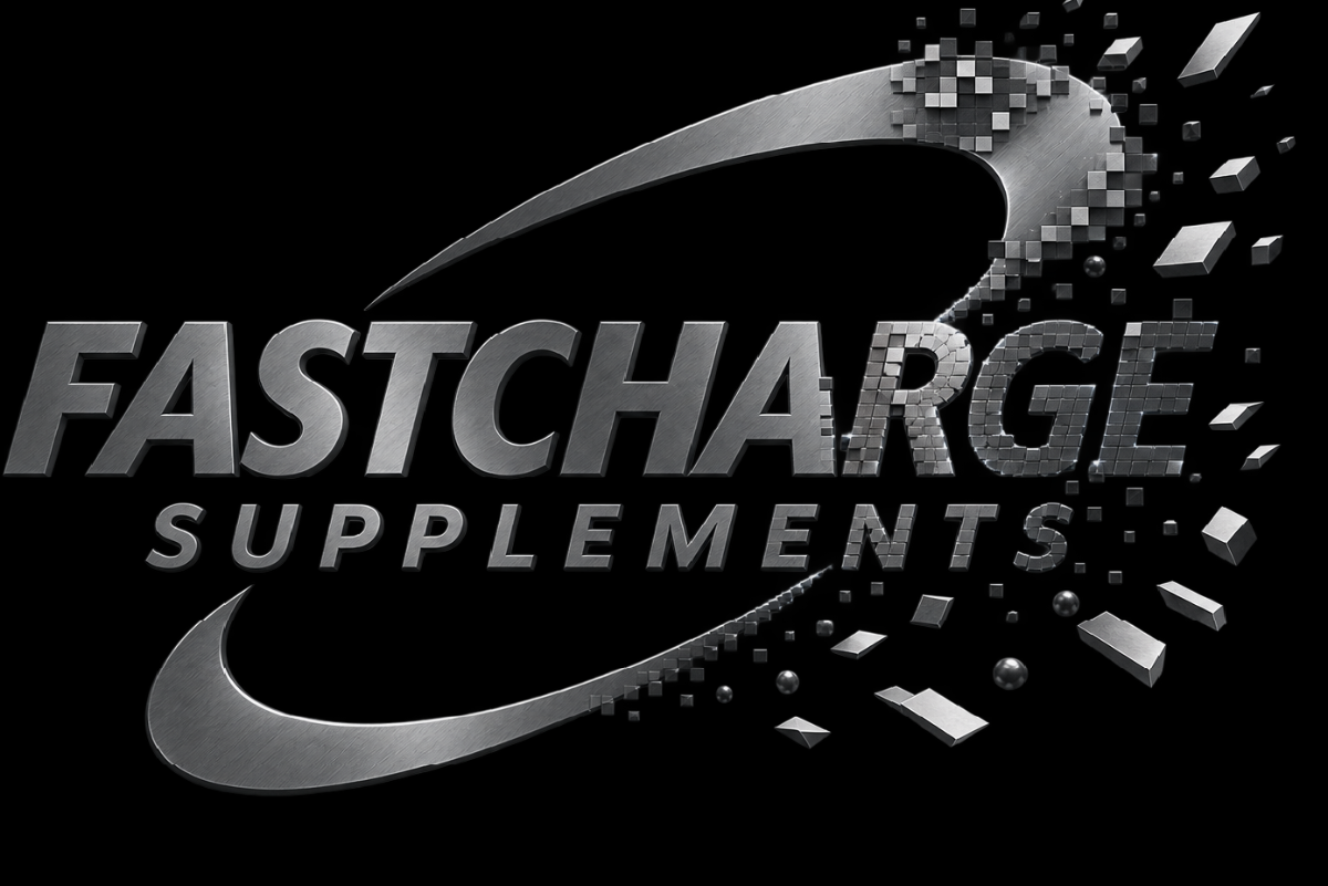 The logo for Fastcharge Supplements, featuring metallic silver 3D text and abstract curved graphic elements on a solid black background.