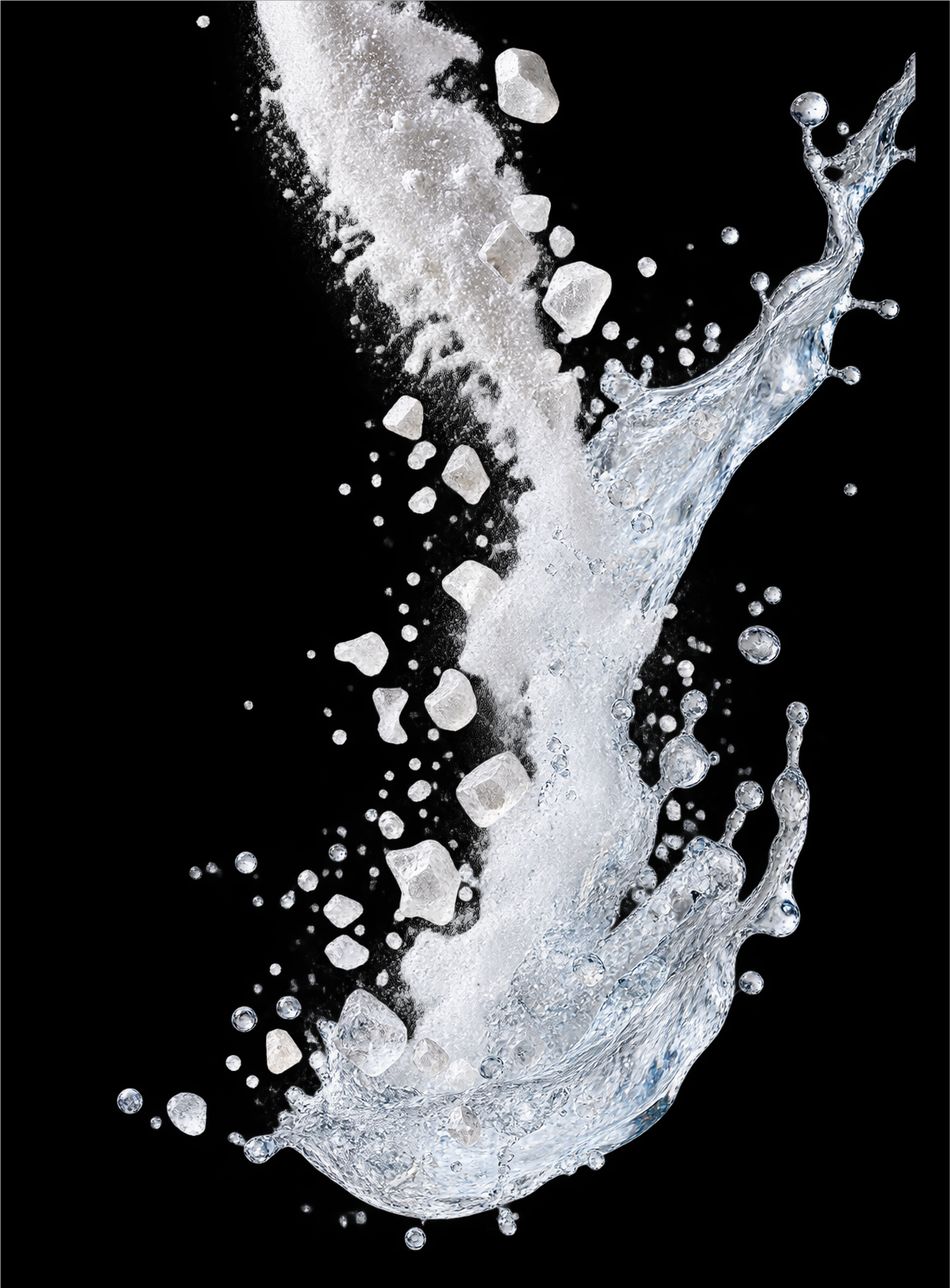 A dynamic splash of clear water with ice cubes bursting against a solid black background.