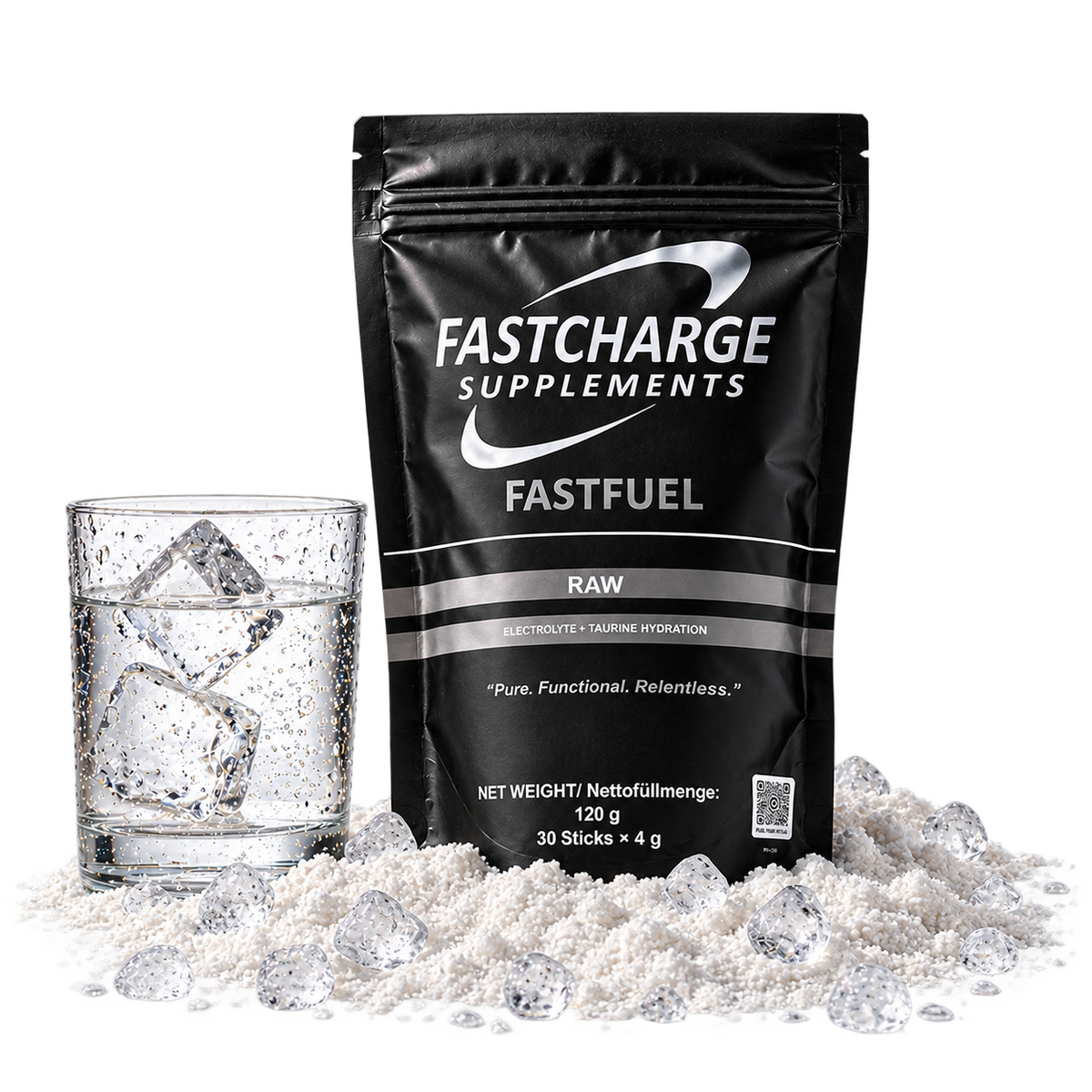 FastFuel Raw electrolyte and taurine pouch beside a glass of ice water and mineral salt